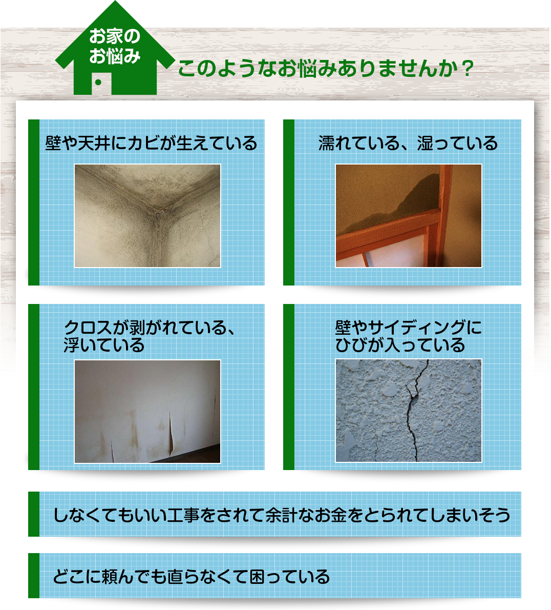こんなお悩みありませんか？＜壁や天井にカビが生えている＞＜濡れている、湿っている＞＜クロスが剥がれている、浮いている＞＜壁やサイディングにひびが入っている＞
